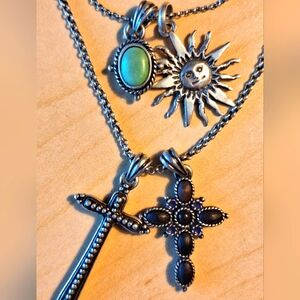 Lucky Brand Silver Necklace Set with Sun and Cross Pendants